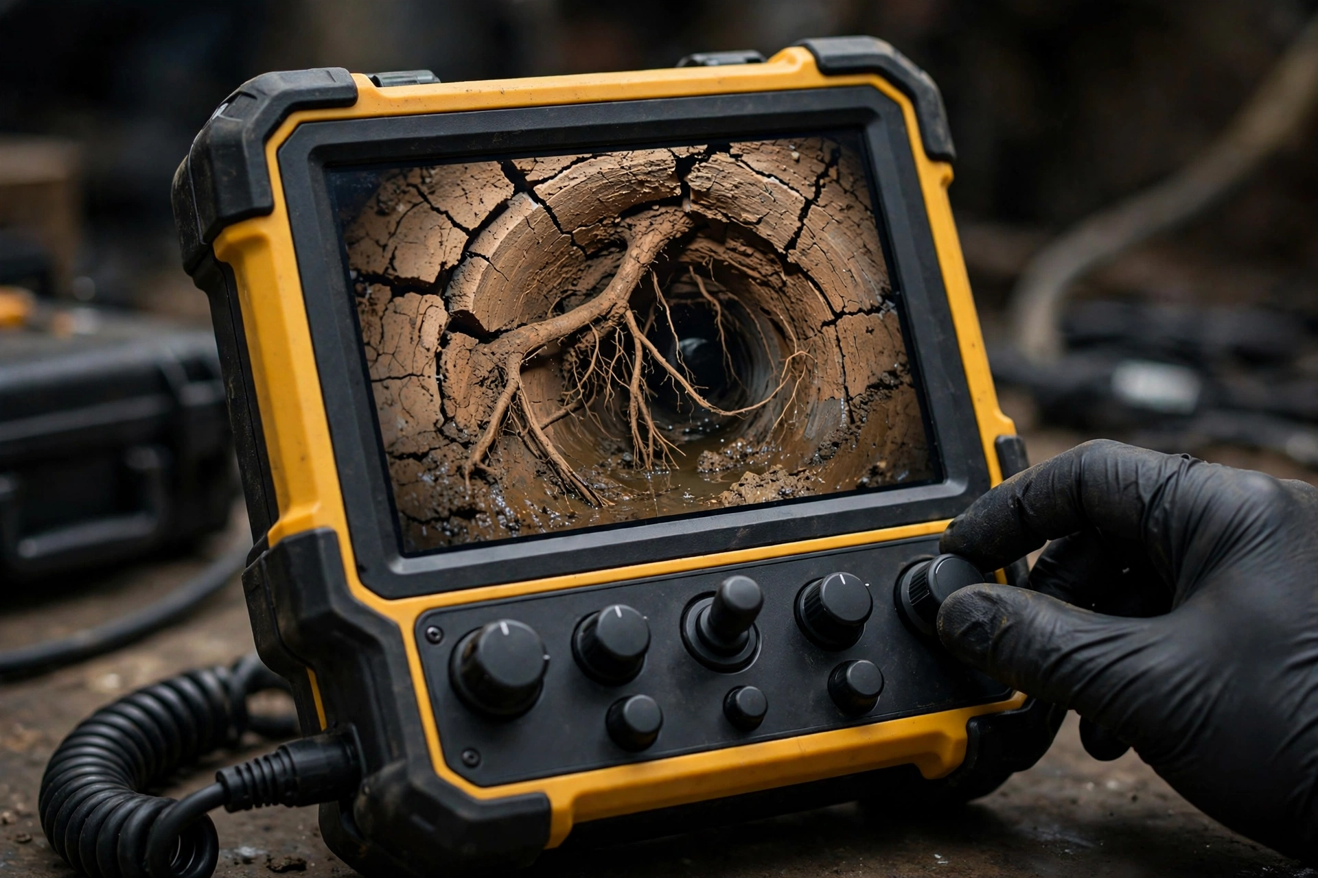 Sewer camera monitor showing a cracked pipe with root intrusion in Lancaster, PA